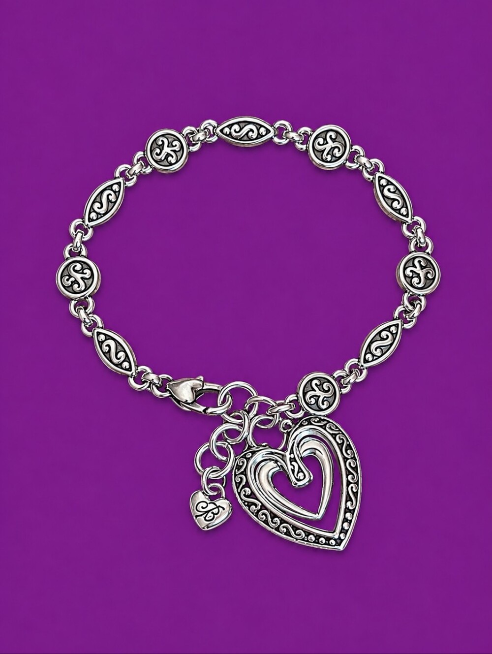 BRIGHTON Dainty Ellington Double Heart Charm Scroll Tennis Bracelet